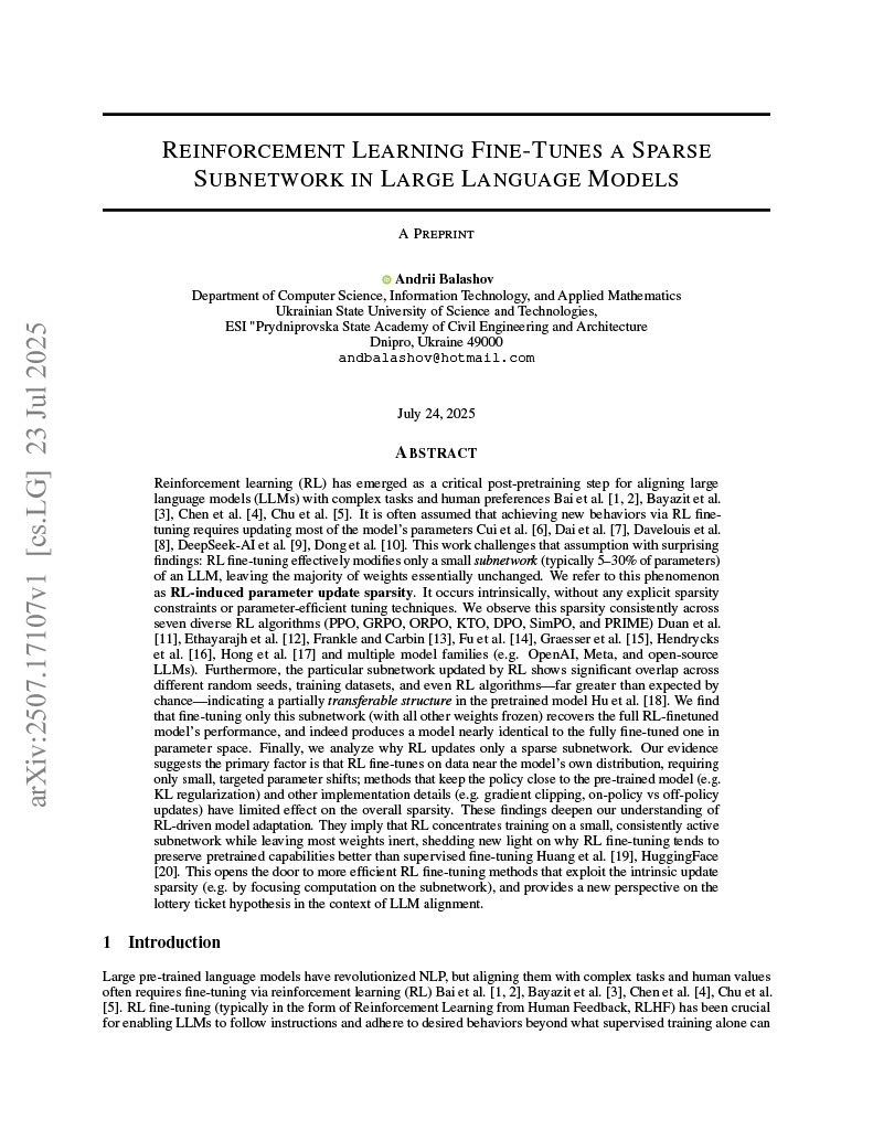 Illustration for Reinforcement Learning Fine-Tunes a Sparse Subnetwork in Large Language Models