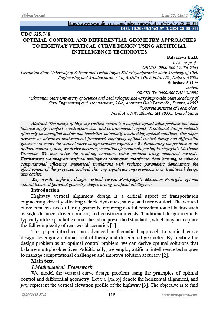 Illustration for Optimal Control and Differential Geometry Approaches to Designing Vertical Curves in Highways Using Artificial Intelligence Techniques